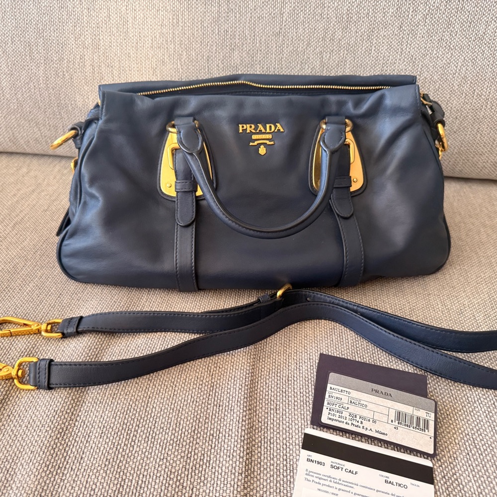 Prada Bauletto Tote Bag Soft Calfskin Lether in Navy - Picture 8 of 9